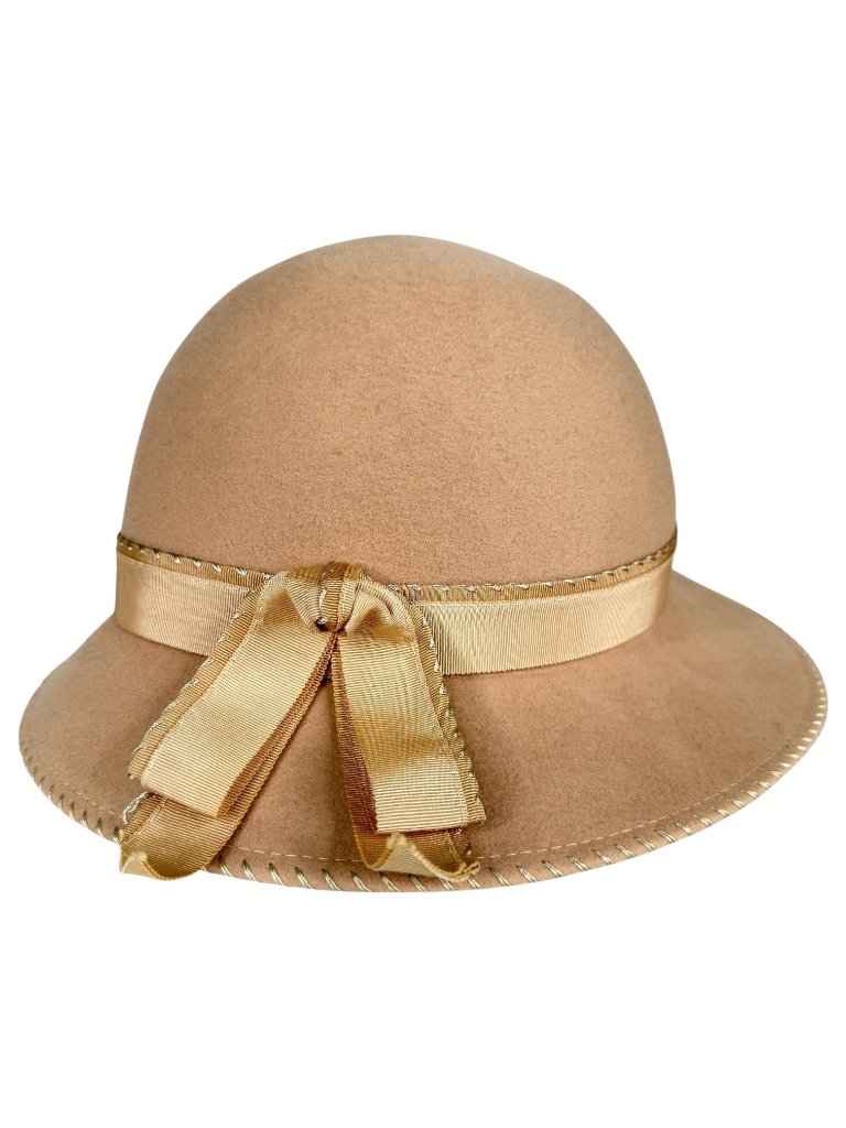 Geo W Bollman Miss Joann Tan Wool Felt Cloche Hat Satin Ribbon Bow Vintage